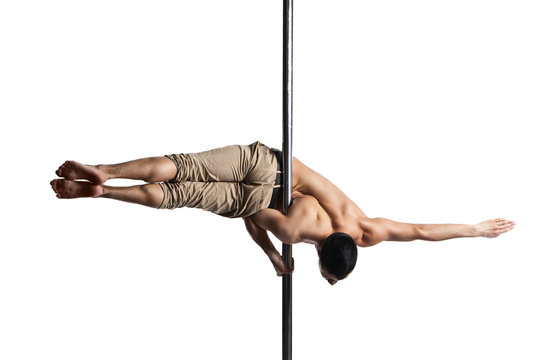 Young strong pole dance man isolated