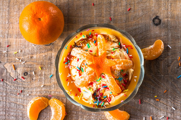 fruit cream dessert orange wooden board