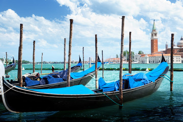 Gondolas on Grand Canal and San Giorgio Maggiore church in Venic