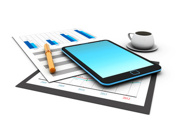 Business stocks on tablet with coffee