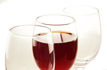 a glass of wine and empty glasses.