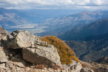 rocks and alpine vegetation with Lewis Pass in background