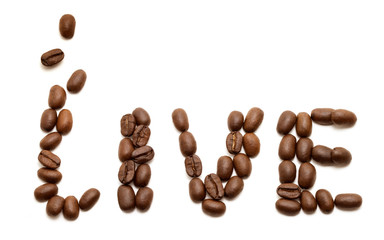 Live, coffee beans on white background