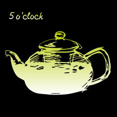 Sketched freehand green  teapot on black background, vector