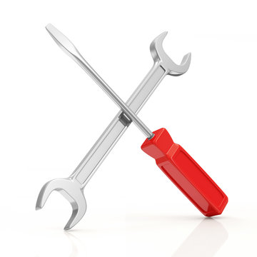 Metal Wrench and Screwdriver on white background