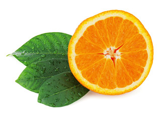Fresh orange fruit with green leaves isolated on white backgroun