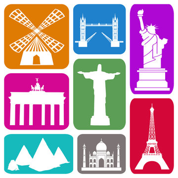 Wallpaper with famous historical sites in colorful rectangles