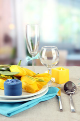 Fototapeta na wymiar Spring table serving on bright background