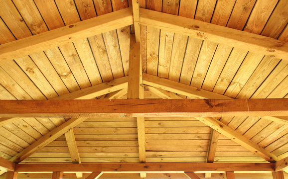 Interior view of a wooden roof structure