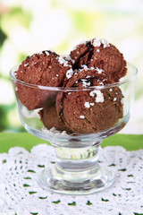 Delicious ice cream on table on bright background