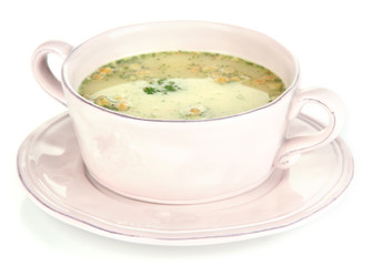 Nourishing soup with vegetables in pan isolated on white