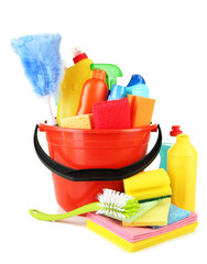 Cleaning items in bucket isolated on white