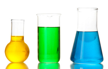 Test tubes with colorful liquids isolated on white