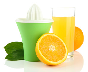 Citrus press, glass of juice and ripe oranges, isolated on