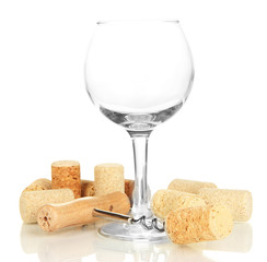 Wineglass and corks isolated on white