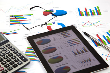business workplace with stock market data
