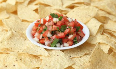 A bowl of pico de gallo surrounded by tortilla chips