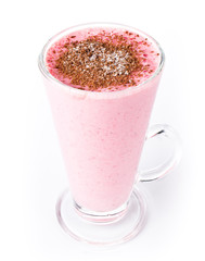 Blended fruit strawberry smoothie with creamy yoghurt on white b