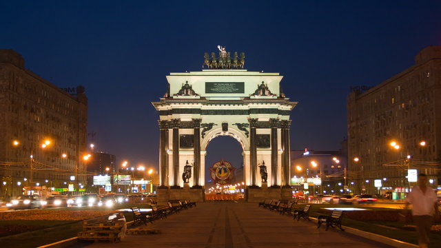Triumphal arch at night in Moscow, Russia