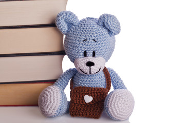 blue teddy bear with school bag and books