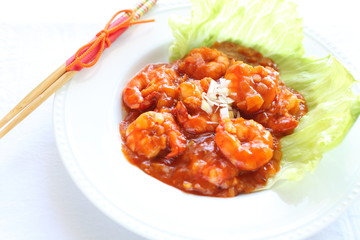 chinese cuisine, ketchup prawn on lettuce for gourmet food image