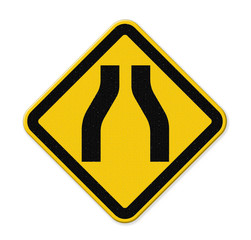 Road narrows traffic sign on white background with clipping path