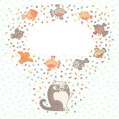 Vector illustration of a cute cat and birds