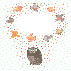 Vector illustration of a cute cat and birds