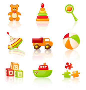 Collection of colourful children's toys. Vector icons.