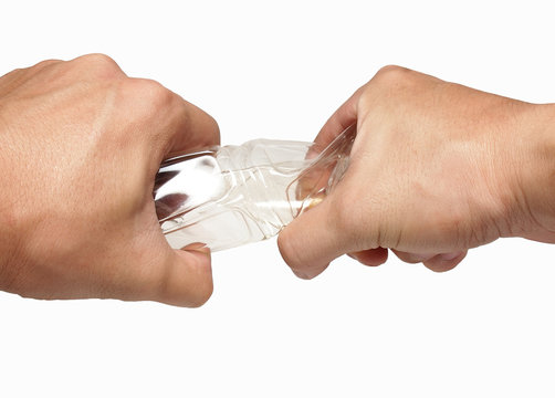 two hand grab and twist plastic bottle isolate on white