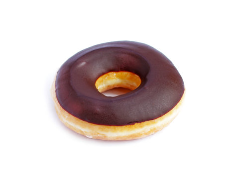 Closeup image of chocolate donut isolated on white background