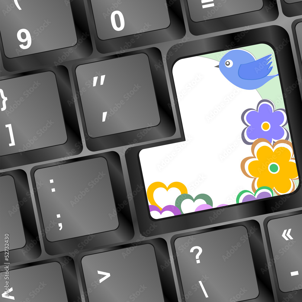 Poster bird and flowers on computer keyboard key