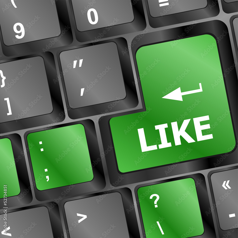 Poster green like button on keyboard close-up