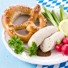Munich white sausages with sweet mustard and pretzel
