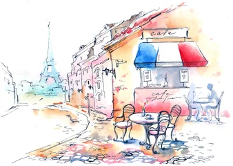 Keuken foto achterwand Tekening straatcafé Frankrijk