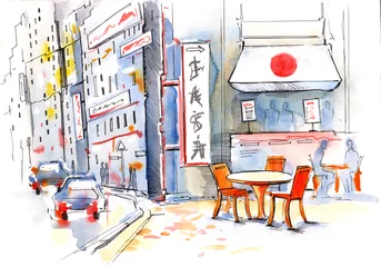 Fototapete Gezeichnetes Straßencafé Japan