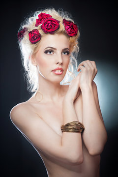 Hairstyle - beautiful sexy female art portrait with roses
