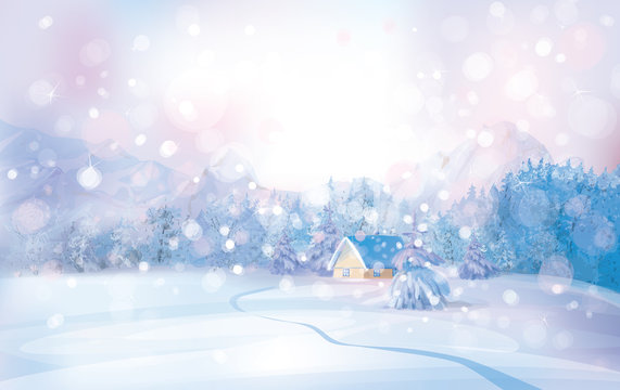 Vector of winter snowy landscape with lonely house in forest.