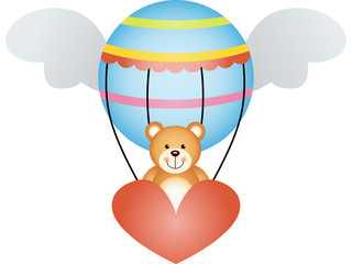 Teddybeer in een heteluchtballon met engelenvleugels