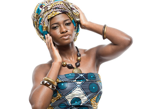African fashion model on white background.