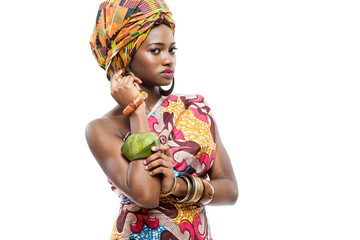 African fashion model on white background.