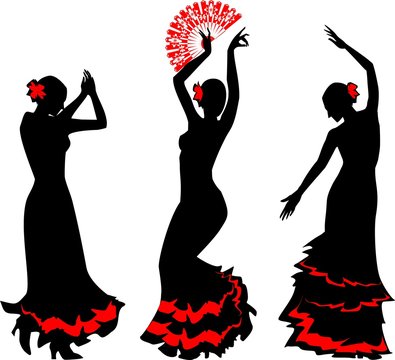 Three silhouettes of flamenco dancer with fan