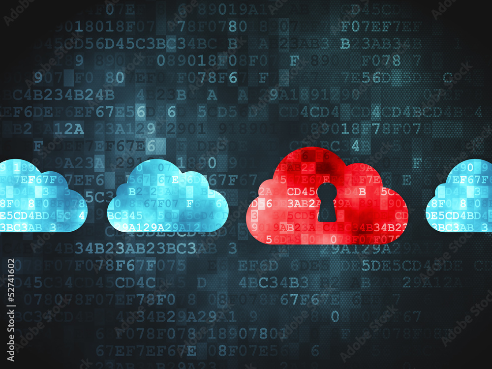 Poster cloud computing concept: cloud whis keyhole on digital backgroun