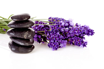 Obraz na płótnie Canvas stacked black pebbles stones and lavender flowers
