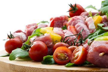 Fresh butcher cut meat assortment garnished close up selective f
