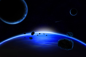 planet with rings at sunrise on the background of the cosmos