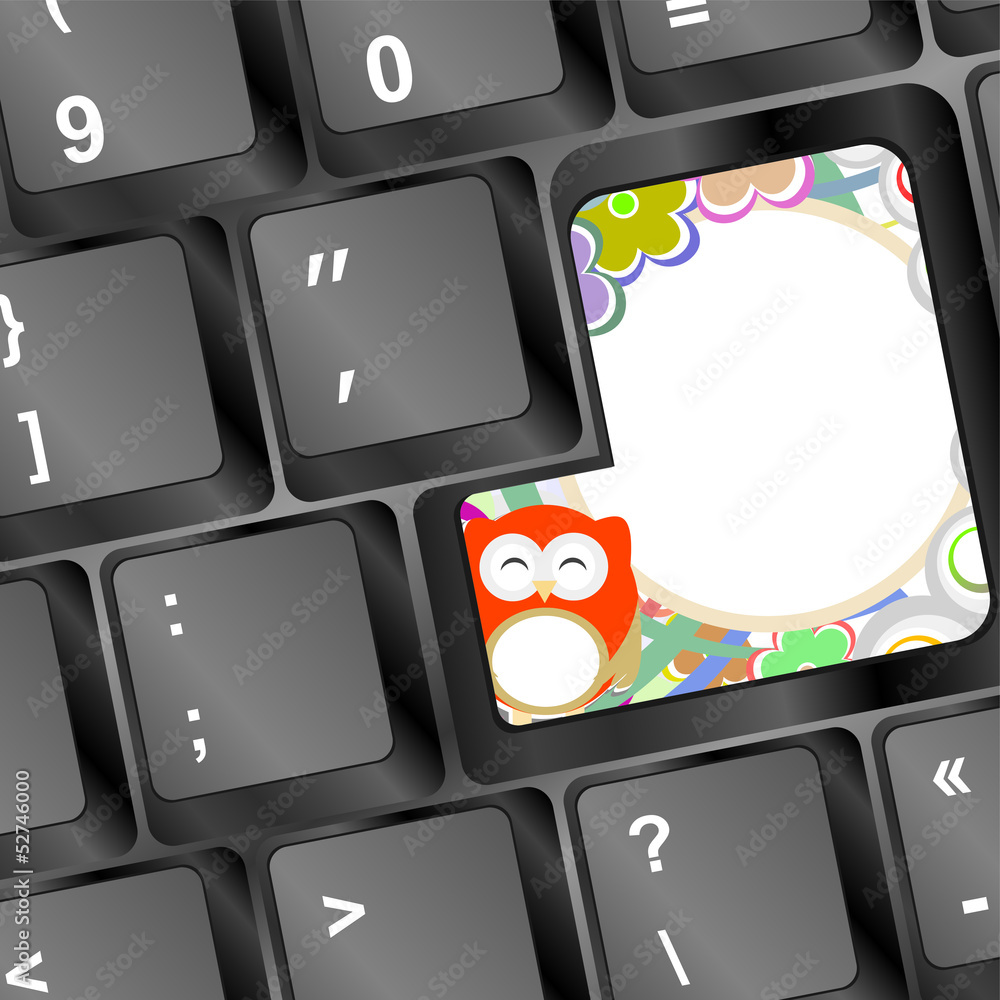 Poster owl and flowers on computer keyboard key