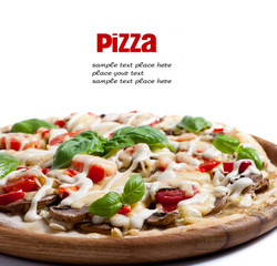 Vegetarian pizza with peppers, mushrooms, tomatoes, olives and b