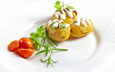 Baked potato with sour cream sauce, selective focus