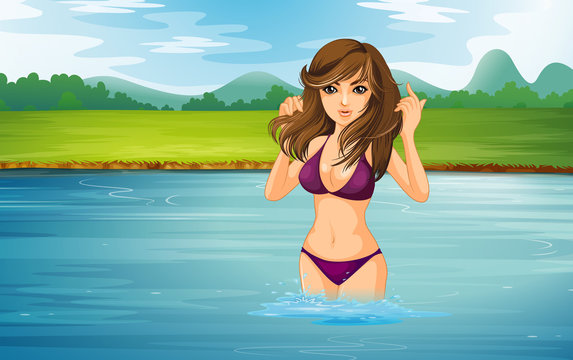A girl wearing a violet bikini at the river